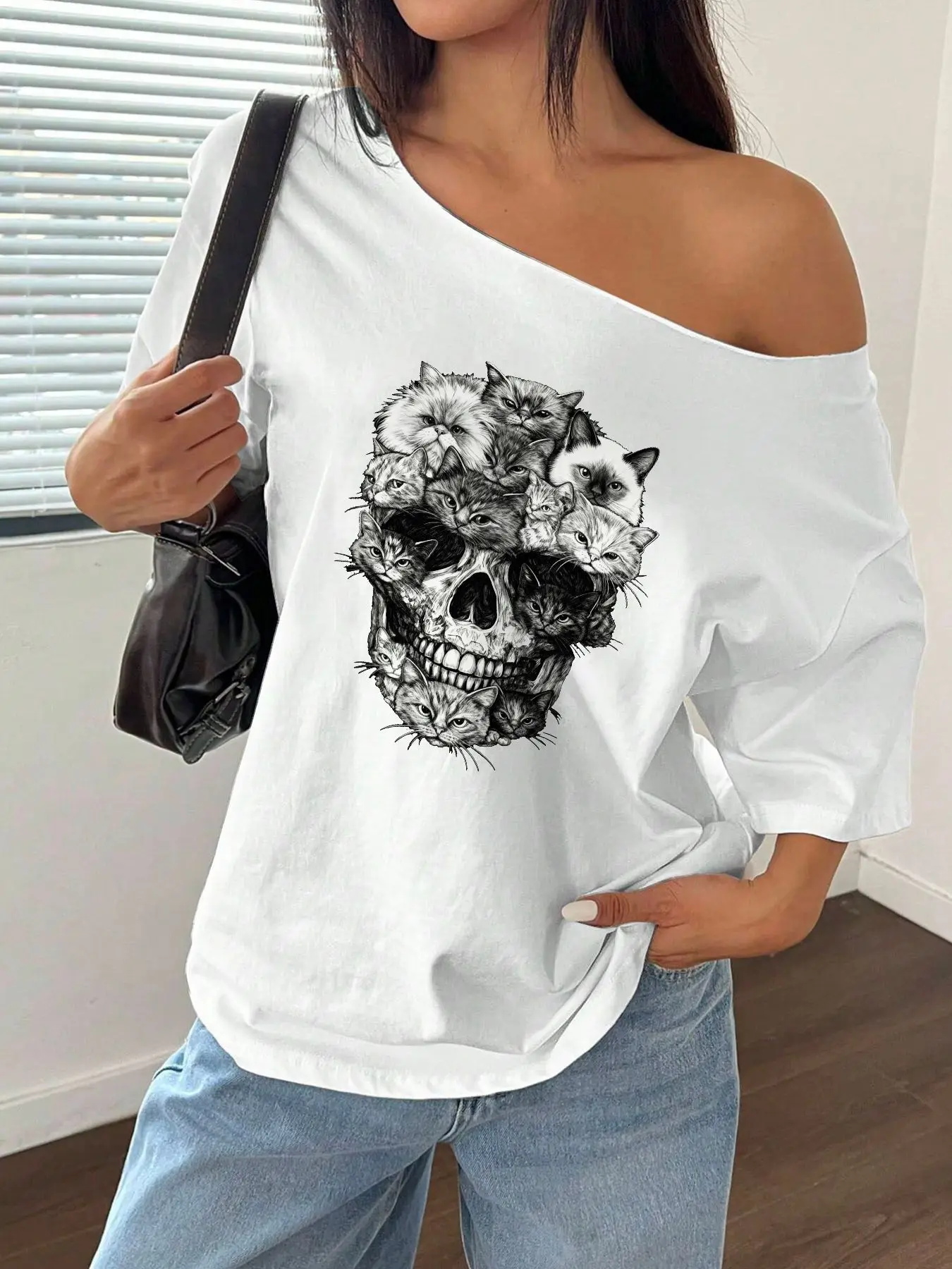 100% Cotton Plus Size Cat Skull Print Shoulder Loose Print T-Shirt Oversized Y2K Style Graphic Tees Women Tops Summer Off The