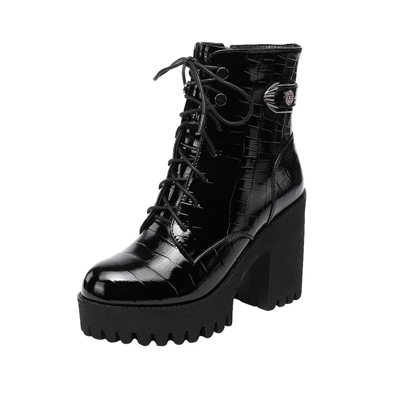 Autumn Winter Women Boots Platform High Heel Shoes Patent Leather Plush Buckle Lace Zipper Ladies Mid Calf Motorcycle Boots32-43