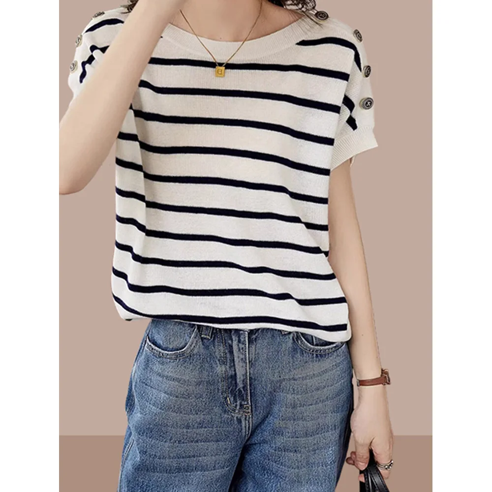 Fashion O-Neck Loose Button Knitwear Women New Summer Short Sleeve Striped T-Shirts Casual Vintage Korean Fashion Knitted Top