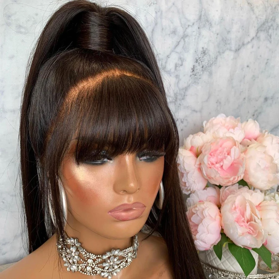 Super Long 30inches Glueless 13x6 Transparent Fringe Lace Front Human Hair Wigs for Black Women Natural Black Color Bangs Cut