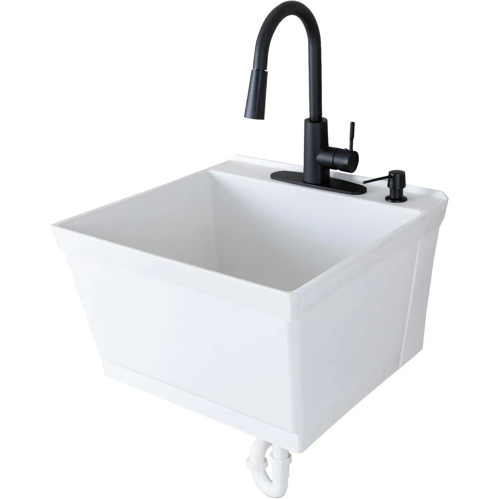 

Tehila White Wall-Mounted Utility Sink Tub Kit with Black Pull-Down Faucet, Wall-Mounted Utility Tub with Wall Bracket for Laun