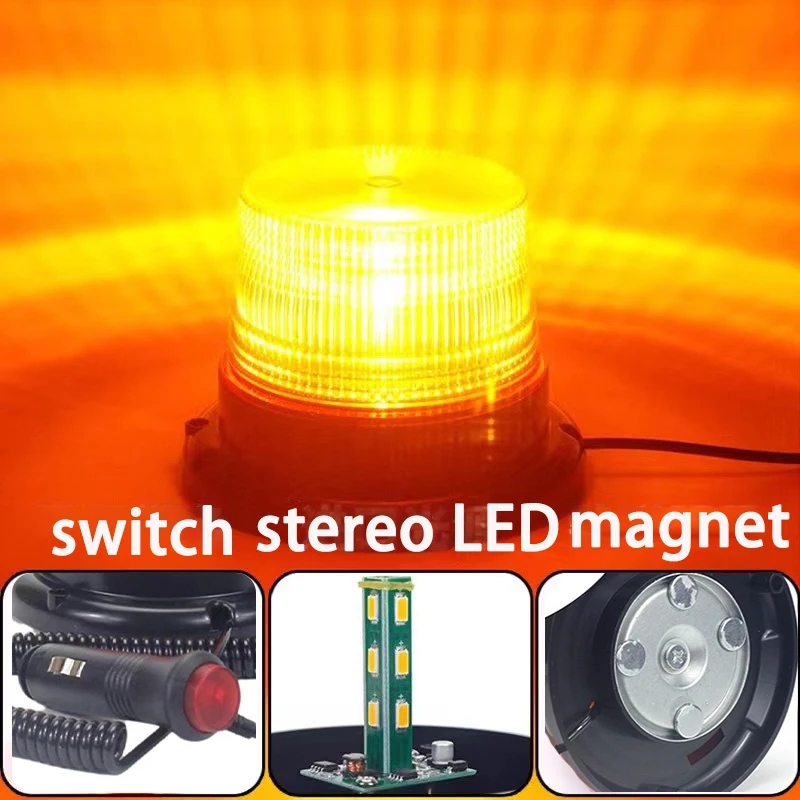 bright 12LED Strobe Light Amber Emergency Flashing Warning Beacon Light with Magnetic Base 12 24V 48V 60V 80V