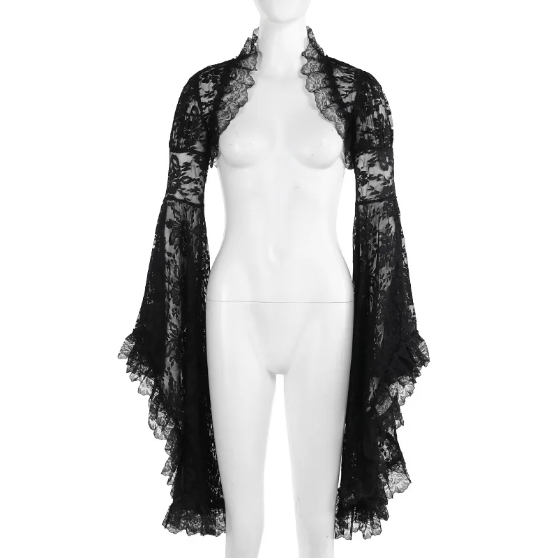 Gotické černé krajkové síťované průsvitné rozšířené rukávy, vintage elegantní estetické přehozy pro ženy, podzimní nová móda - náhled 6