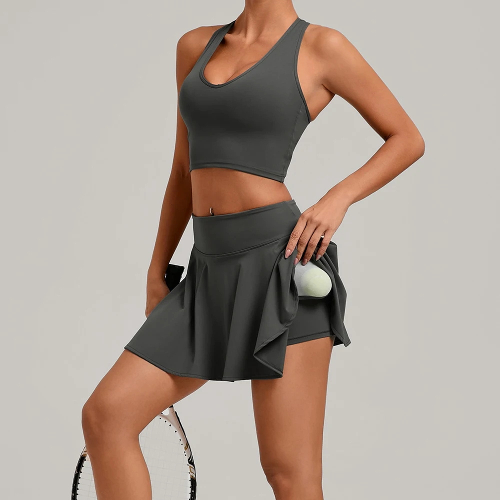 

2 Piece Yoga Sport Set Women Sportswear Breathable Tennis Skorts Sets with Pocket Bra+mini Skirt Suit for Fitness Gym Clothes