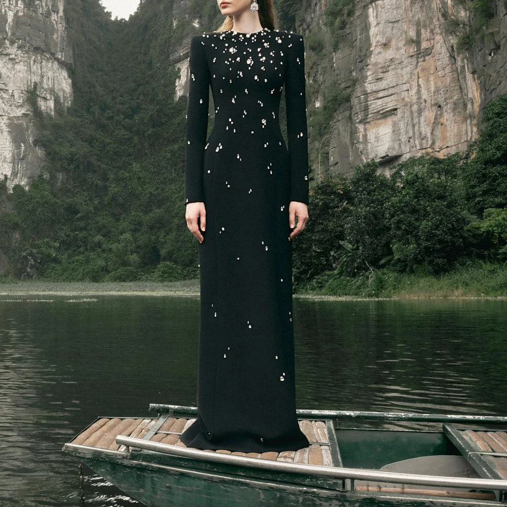 TWOTWINSTYLE Patchwork Diamonds Dress For Women Round Neck Long Sleeve High Waist Slimming Formal Dresses Female Fashion Style