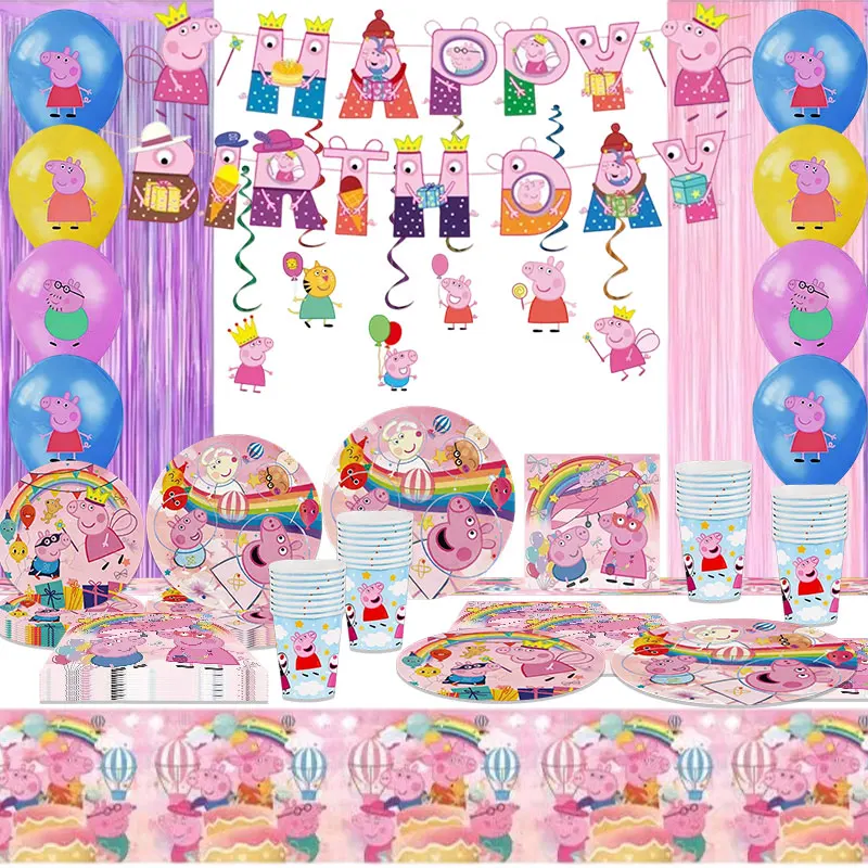 Decoración para Fiesta de Cumpleaños de Peppa Pig, Vasos de Papel, Platos, Servilletas, Mantel, Pancarta, Globos, Vajilla para Fiesta de Peppa Pig