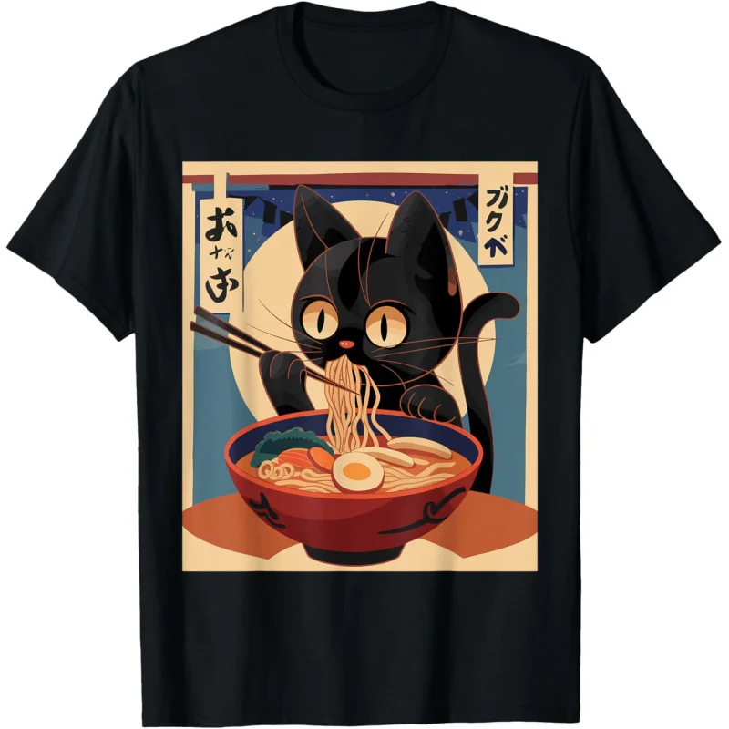 

Kawaii cat eating ramen noodles Anime girls teens graphic T-shirt