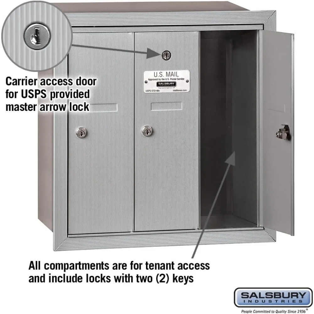 3503ARU Recessed Mounted Vertical Mailbox with 3 Doors and USPS Access, Aluminum