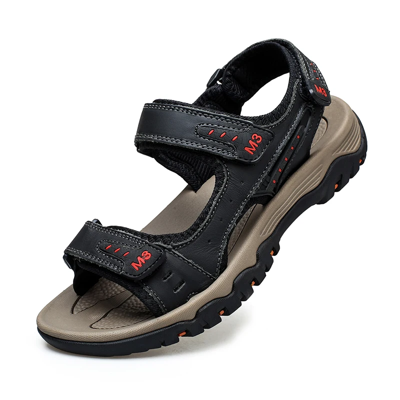 

High quality men's leather sandals outdoor casual shoes summer beach sandals men's hook and loop sandals men's plus size 46 47