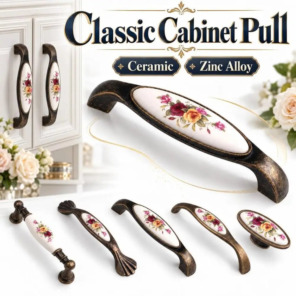 Zinc Alloy Ceramic Cabinet Pull Multiple Sizes Floral Pattern Antique Bronze Drawer Handle Smooth Retro Vintage Furniture Knob