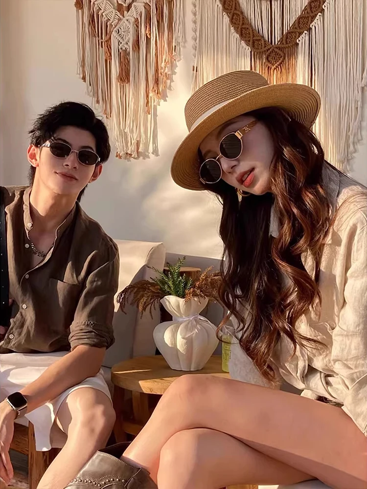 Island Vacation Style Men's Long Sleeve Sun Protection Silk Linen Shirt Short Pants Fashion Set Summer  Look Couple Outfit view 4