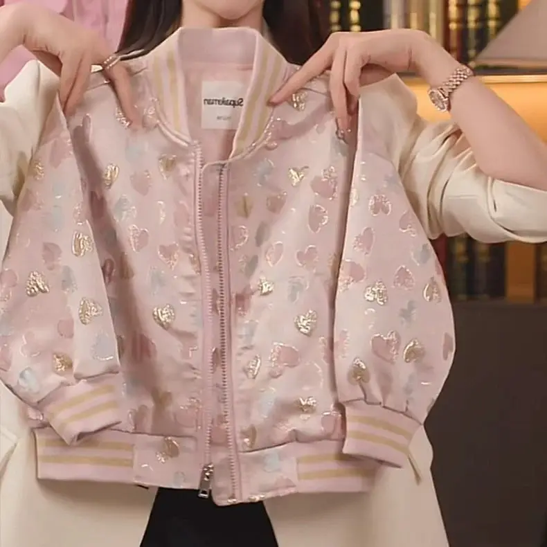 Girls' Embroidered Baseball Jacket Chinese Style Jacquard Coat Autumn Outerwear for Big Kids Lightweight Vintage Windbreaker