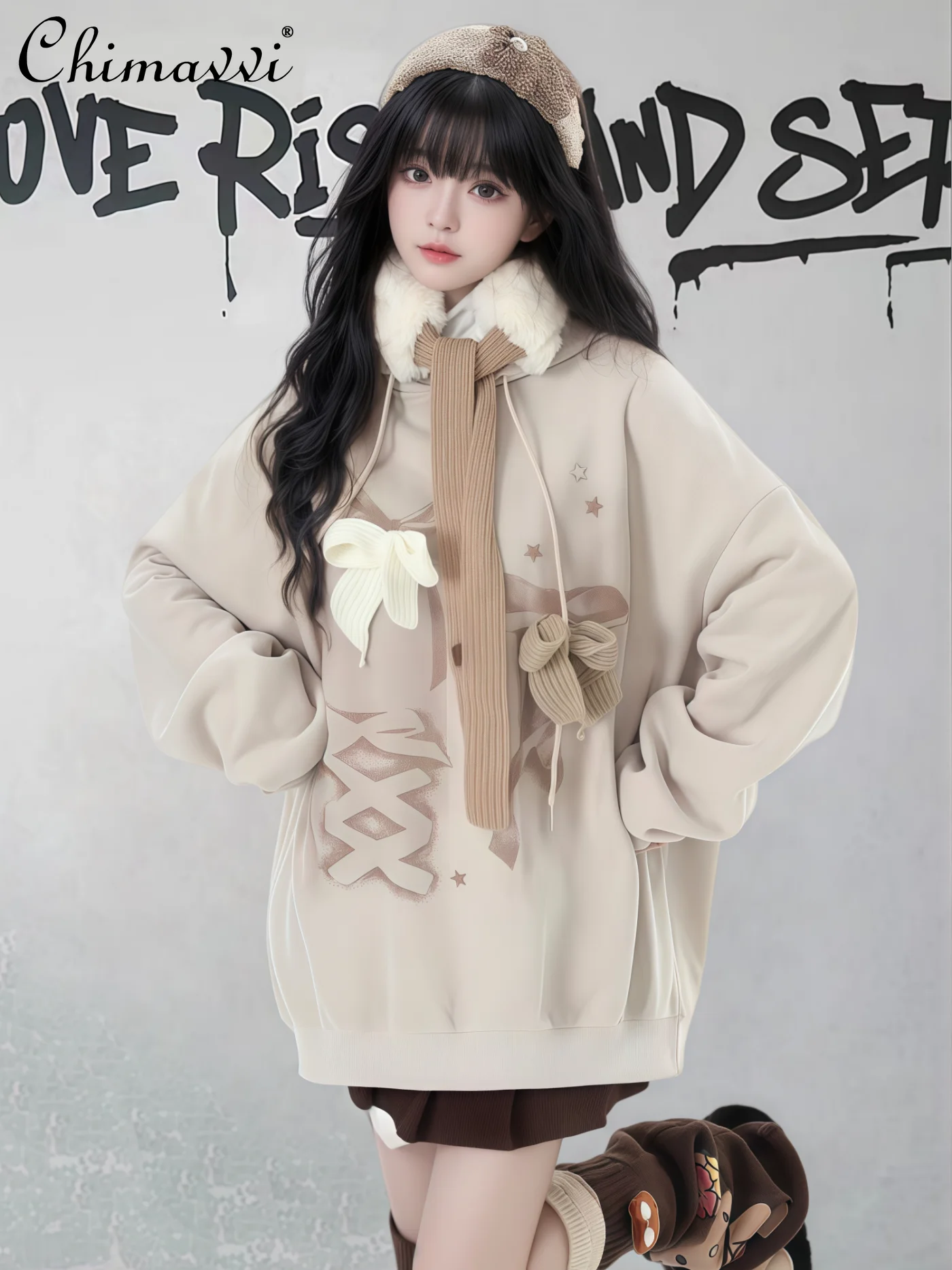 

Милые толстовки с капюшоном на шнуровке и бантом Y2K, топы с принтом граффити, свободный повседневный универсальный флисовый пуловер, женский осенний свитшот