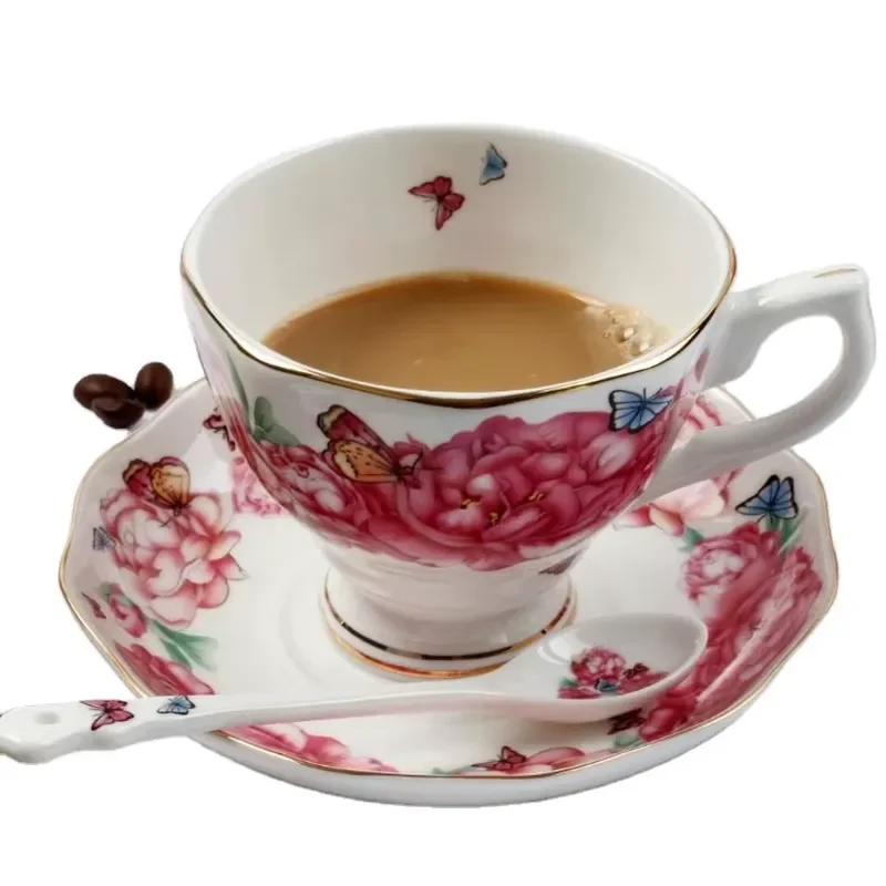 Pink Floral Bone China Tea Cup and Saucer Set Eco Friendly Afternoon Teaware with Gift Box Elegant Drinking Utensils for
