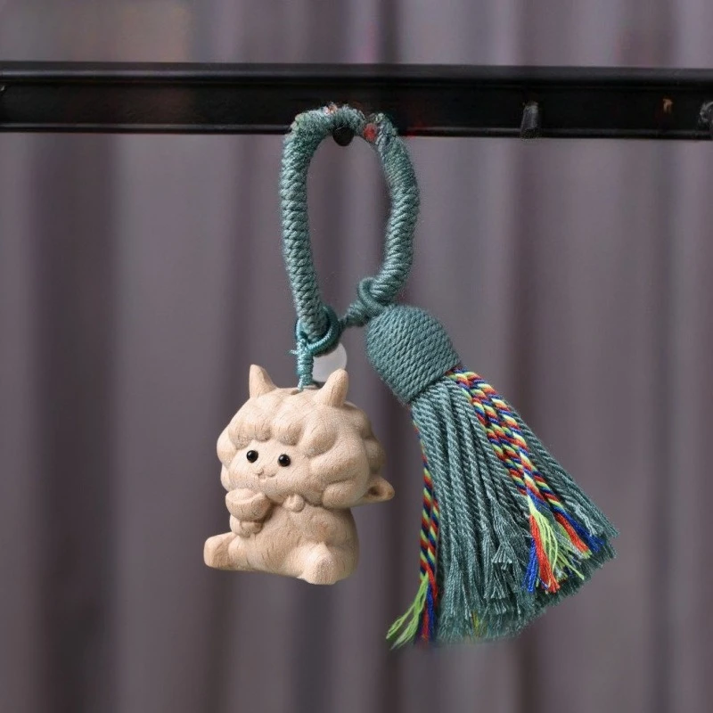Creative Wood Carved Cartoon Zodiac Sheep Animal Pendant, DIY Hand‑made Color Tassel Wenwan Bag Charm Ornament Unique Present