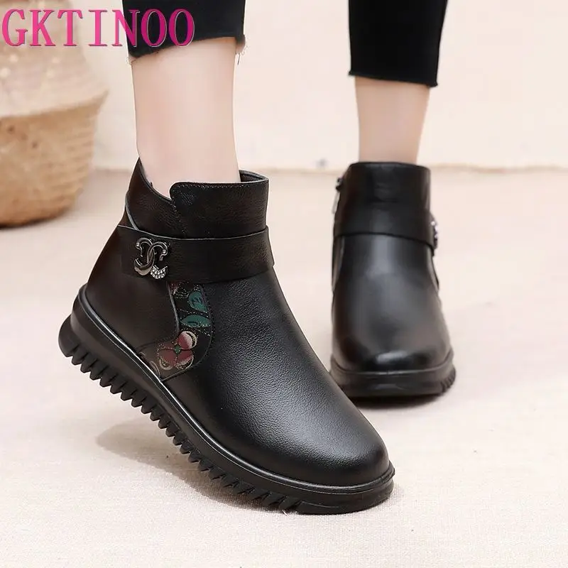 GKTINOO Fashion Winter Women Genuine Leather Ankle Boots Female Thick Wool Warm Snow Boots Mother Waterproof Non-slip Booties