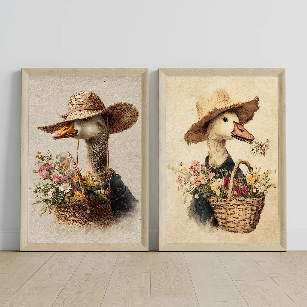 Vintage Animal Wall Art, Whimsical Duck Floral Canvas Painting, Cute Farm Mallard Poster Print for Bedroom Living Room Decor