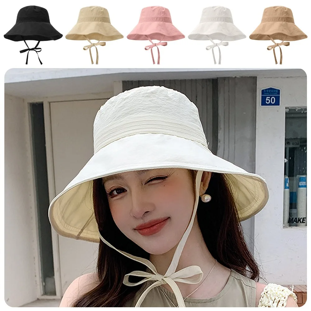 Light Casual Lace-up Fisherman Hat Breathable Solid Color Basin Hat Windbreak Rope Adjustable Sunscreen Hat Unisex