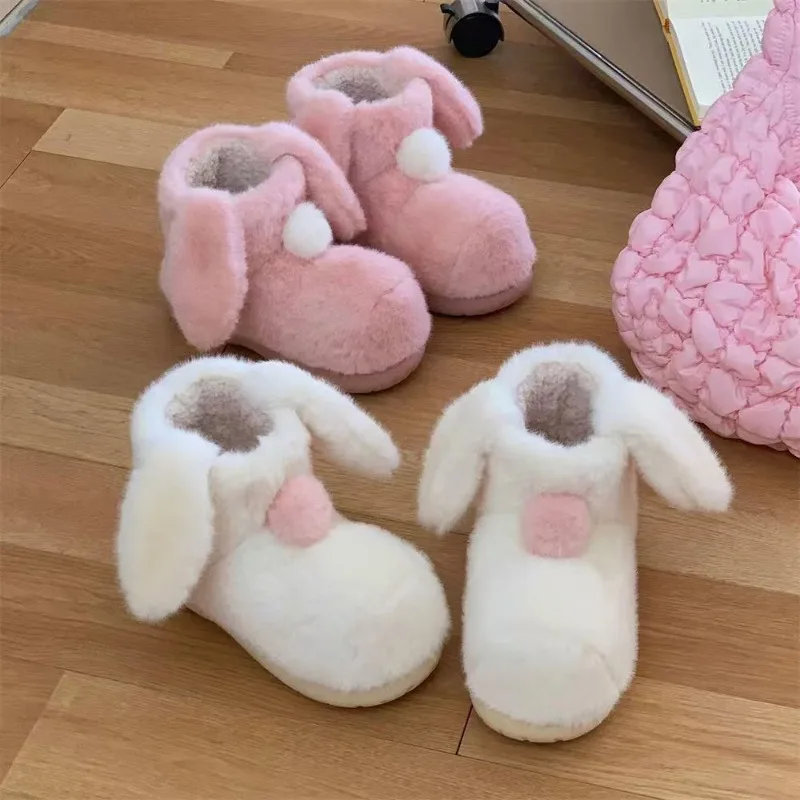 

Sweet Girl Winter Snow Boots, Thickened Cute Plush Rabbit Ears for Female Students, Warm Flat Shoes for Women Ankle Boots