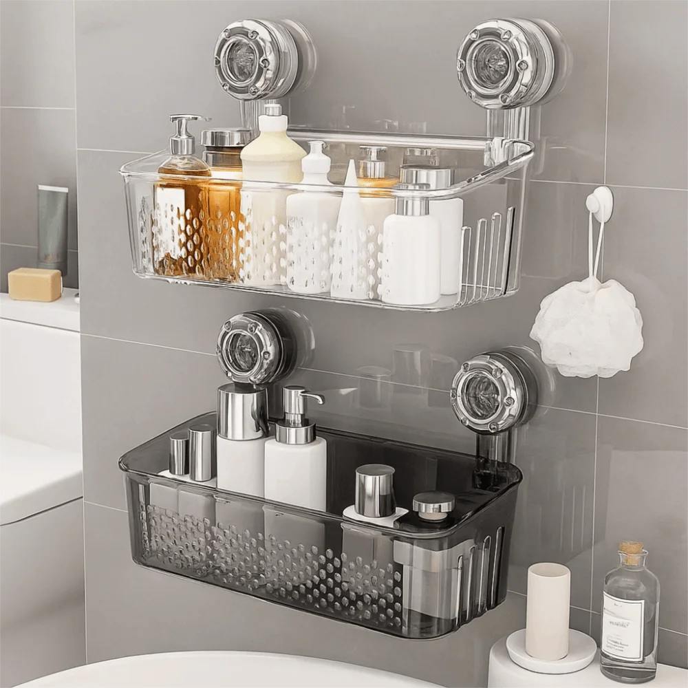 

Plastic Suction Cup Shower Rack Large Capacity Space Saving Wall Mounted Storage Rack Transparent Waterproof