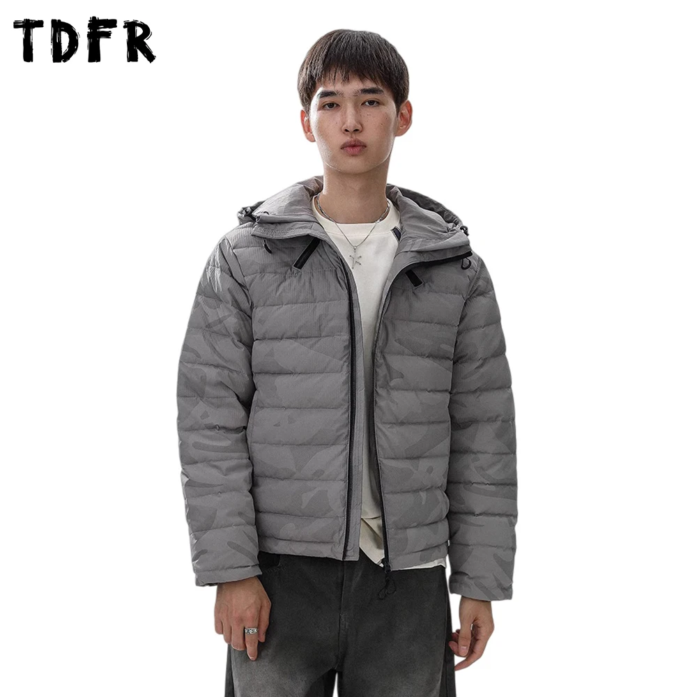 

Camouflage Hooded Down Jacket Mens Zipper Decoration Winter Safari Style Loose Long Sleeve Drawstring Hem Padded Jacket Man