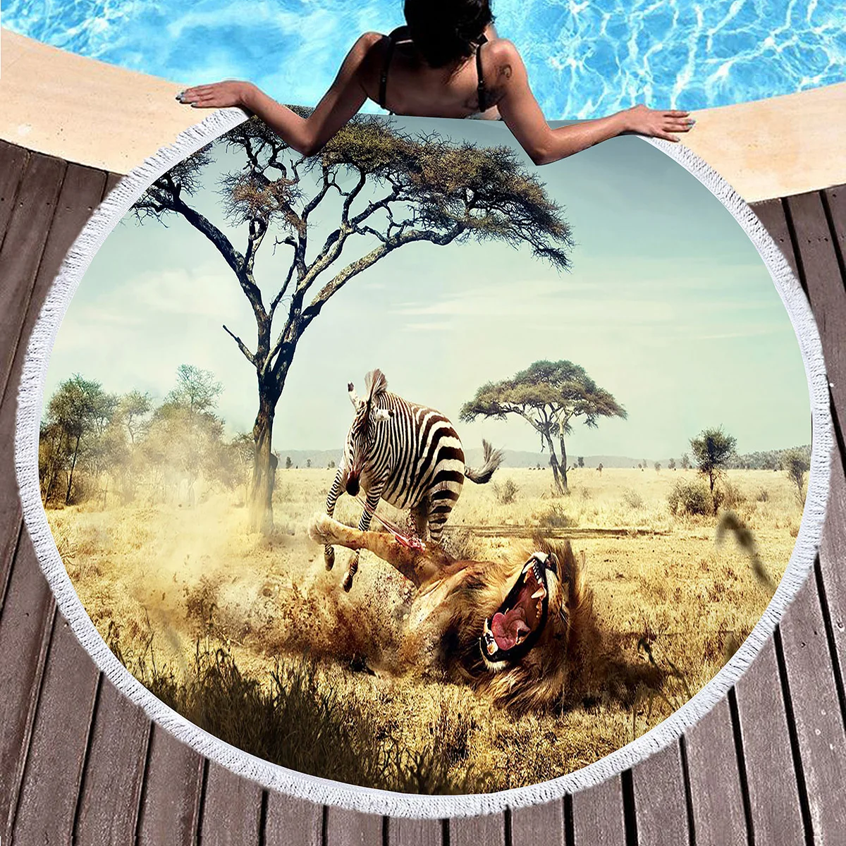 Wild Animal Zebra Round Beach Towel with Tassels for Women Adult Swim Pool Yoga Absorbent Sand Free Quick Dry Circle Bath Towel