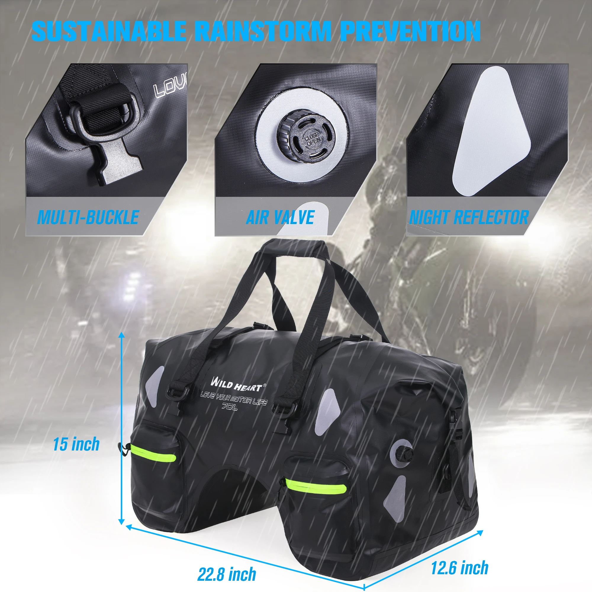 WILD HEART Dry Motorcycle Tail Bag 70L with Rope Straps and Inner Pocket Waterproof PVC 500D for Travel,Motorcycle and so on