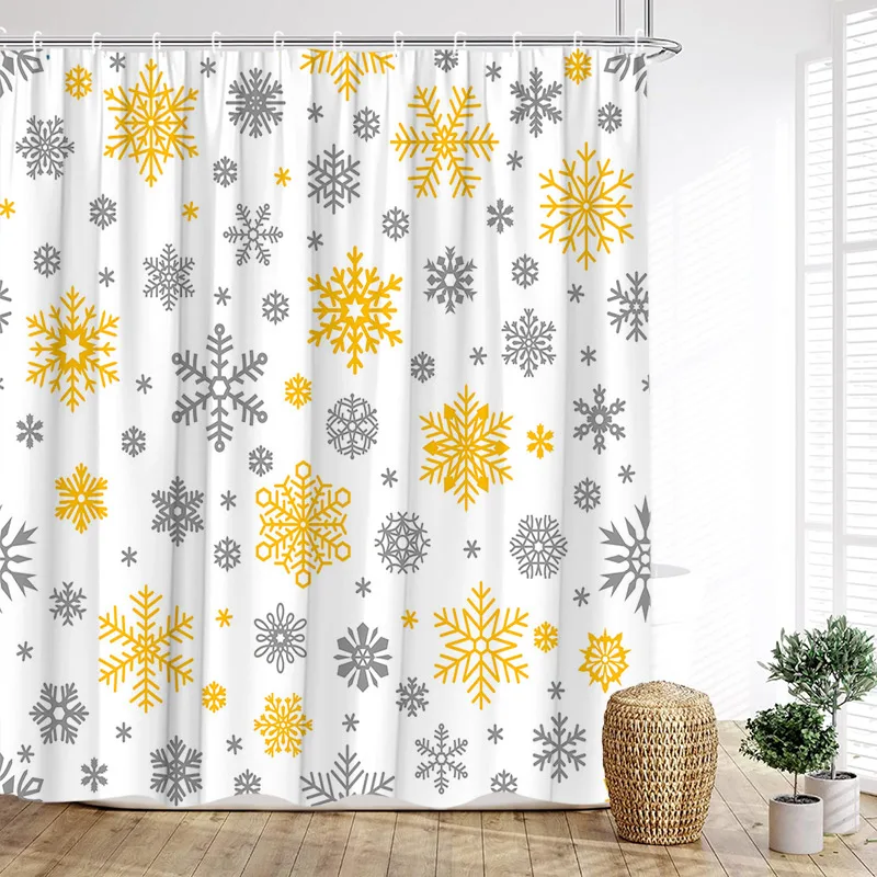 Christmas Snowflake Shower Curtain Grey Yellow Snowflakes New Year Xmas Bath Curtains Home Bathroom Decoration With Hooks