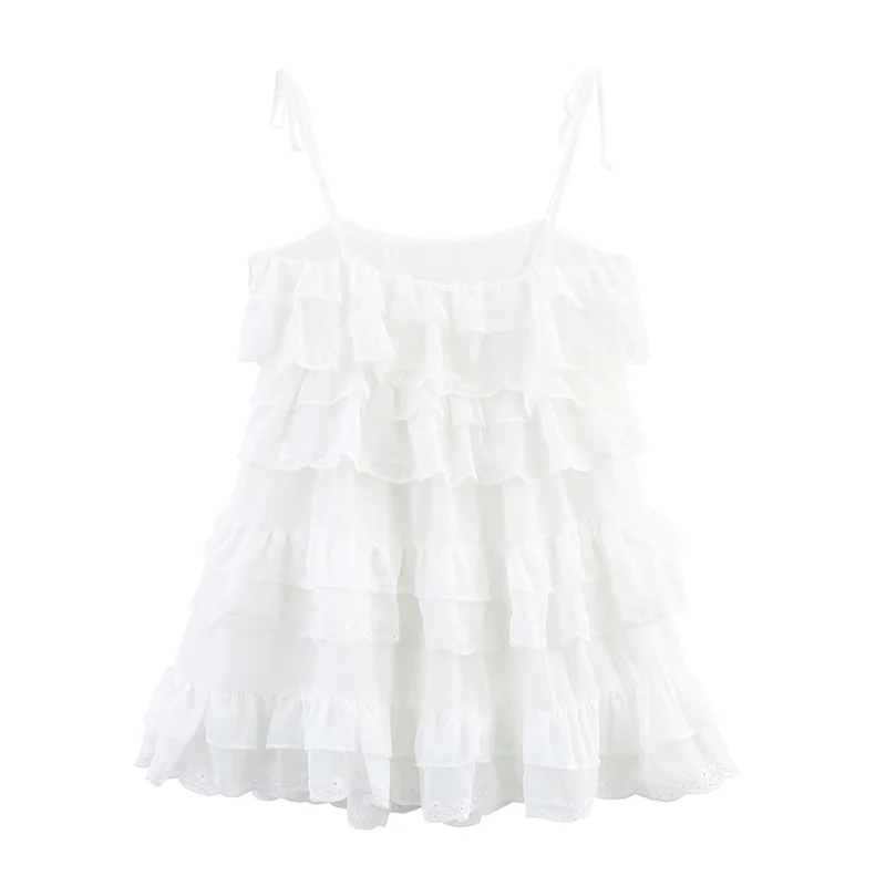 Yenkye sexy alças finas em camadas plissado branco mini vestido feminino a linha o pescoço casual verão praia vestidos curtos 2025