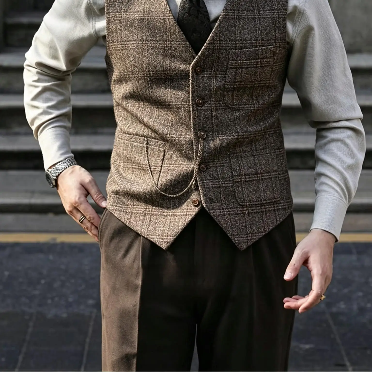 Men's Vintage Brown Plaid Tweed Waistcoat V-Neck Slim Fit Suit Vest with Pockets Formal Business Wedding Gentleman Vest