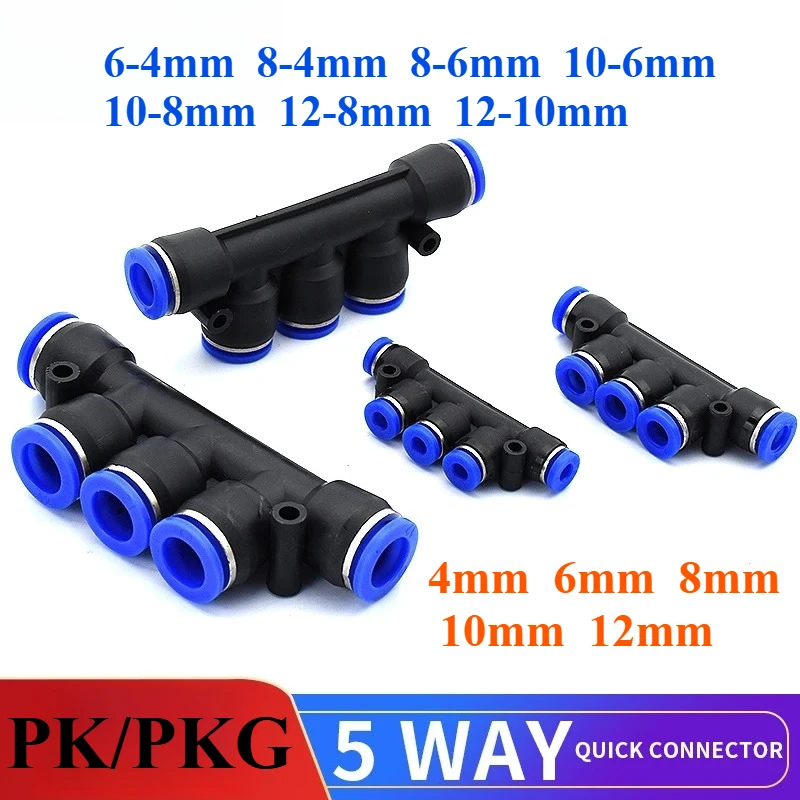 Pneumatic 5-Way Connector Quick Fitting Pneumatic Connector Push in Fit for Air/Water Tube PK/PKG 4 6 8 10 12mm Reducer