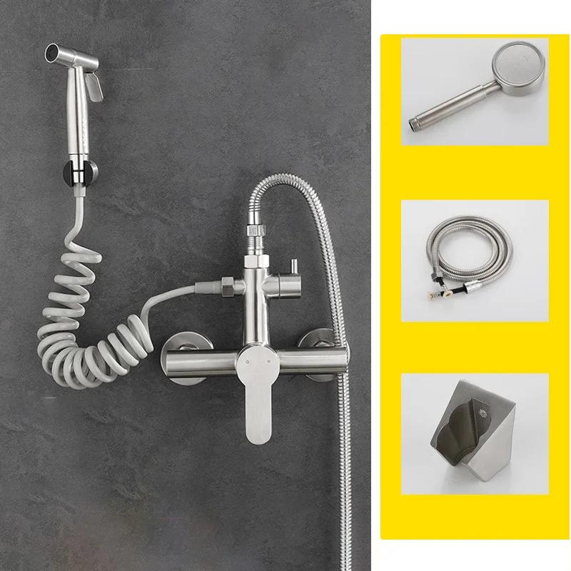 304 Stainless Steel Shower Faucet with Shower Head Dual Spout Bathroom Hot Cold Mixer Water Tap Bathtub Hand Spray Upper Outlet