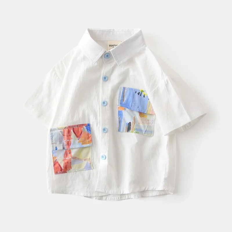 

Casual Loose Children Shirts for Boys 2025 Boutique Clothes 100Cotton Breathable White Cartoon Print Kids Tops Summer Beach Wear