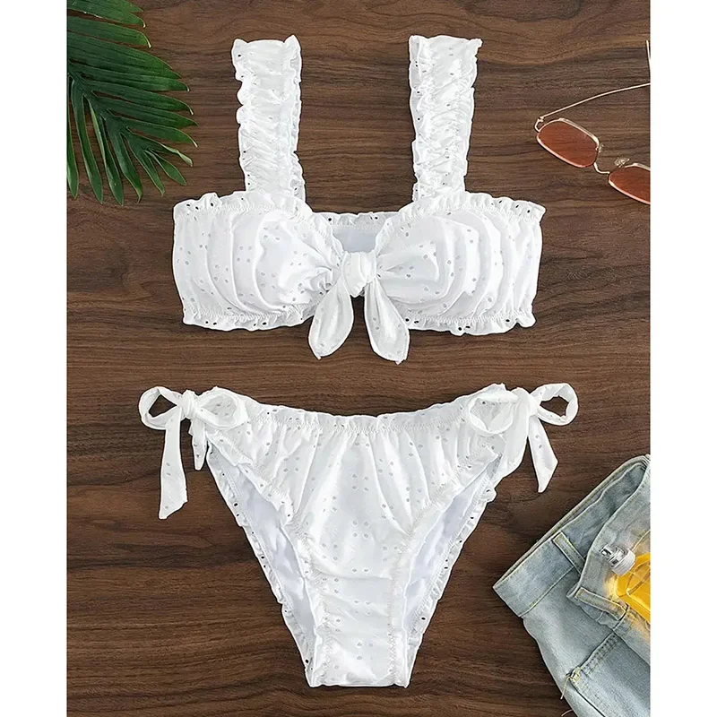 

Винтажный комплект бикини на подтяжках с оборками, женский купальник на шнуровке с бантом, лето 2025, новый корейский стиль, милая пляжная одежда, комплекты из 2 предметов