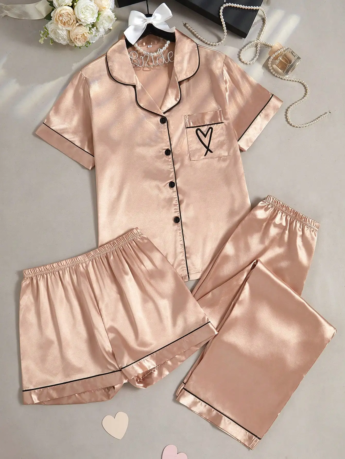 

3-Piece Faux Silk Sleepwear Set with Heart Embroidery, Short Sleeve Top & Matching Shorts & Long Pants for Women