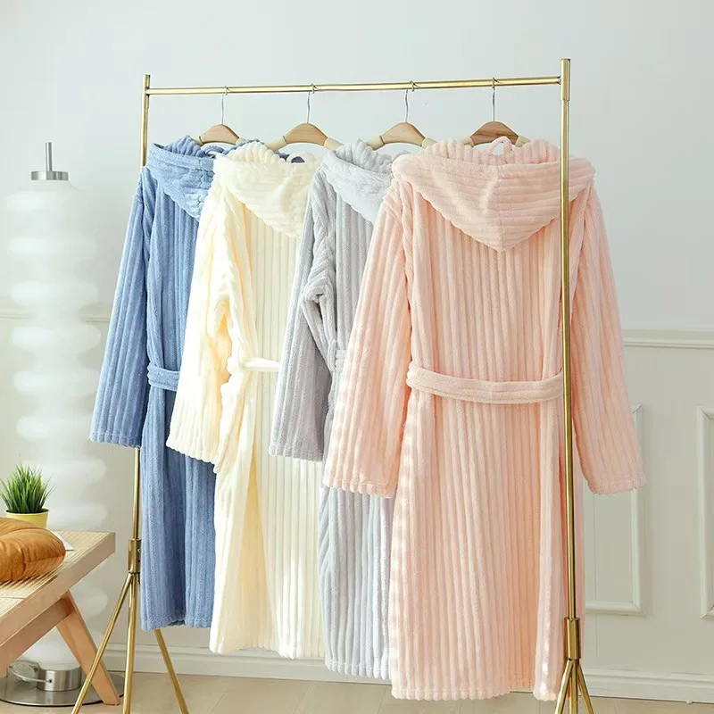 Coral Velvet Bathrobe Candy Velvet Yukata Robe with Hat Long Sleeved Soft and Thick Long Style for Men and Women Adult Shower