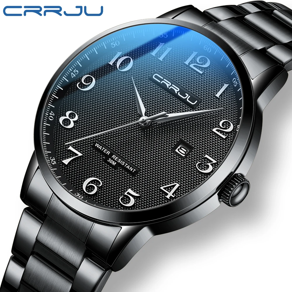 CRRJU orologio da uomo in acciaio inossidabile Top Quailty Luxury Push Button chiusura nascosta impermeabile con orologi da polso sportivi con data