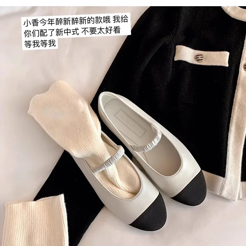 MARY JANES-zapatos planos de cuero suave para mujer, calzado de punta redonda con banda elástica para cena y boda, para principios de primavera y otoño, novedad de 2024