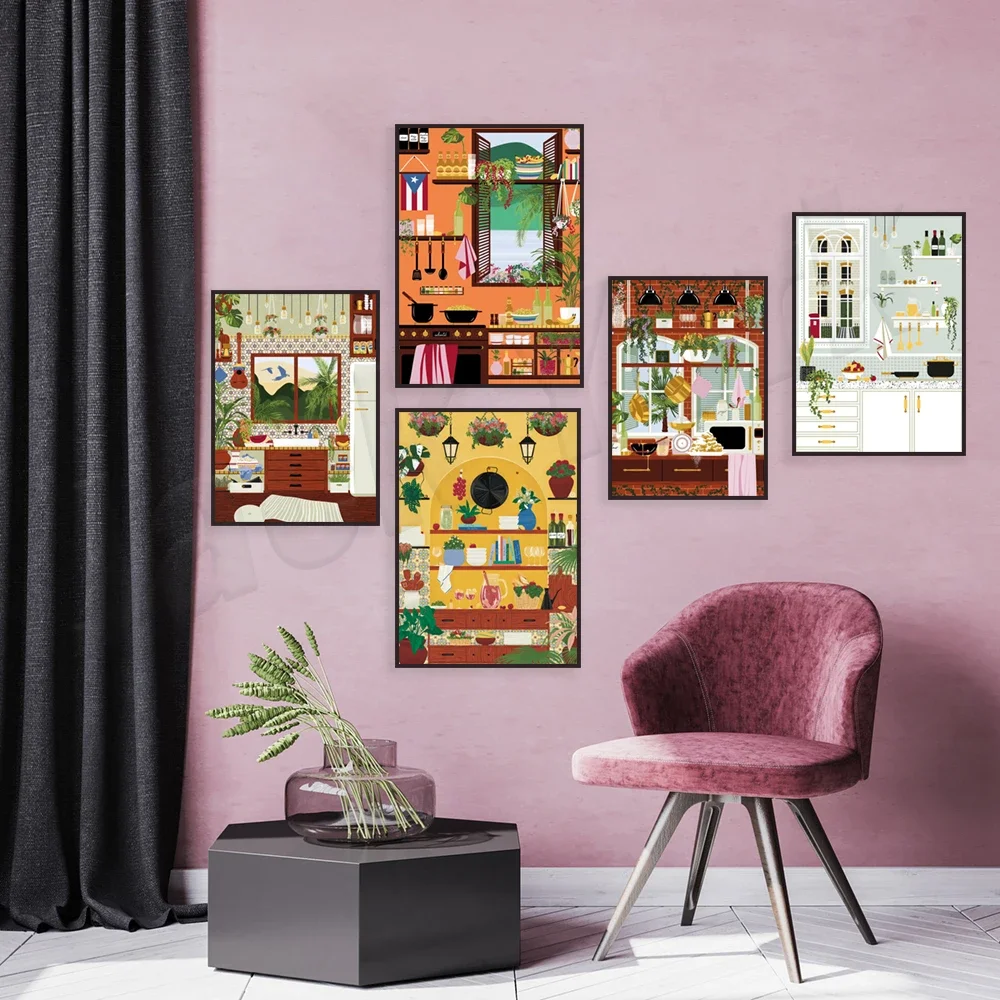 Café, tapas, paella con ilustración de vino de oliva, desayuno inglés, Puerto Rico, cartel de bandera de Venezuela, decoración de cocina