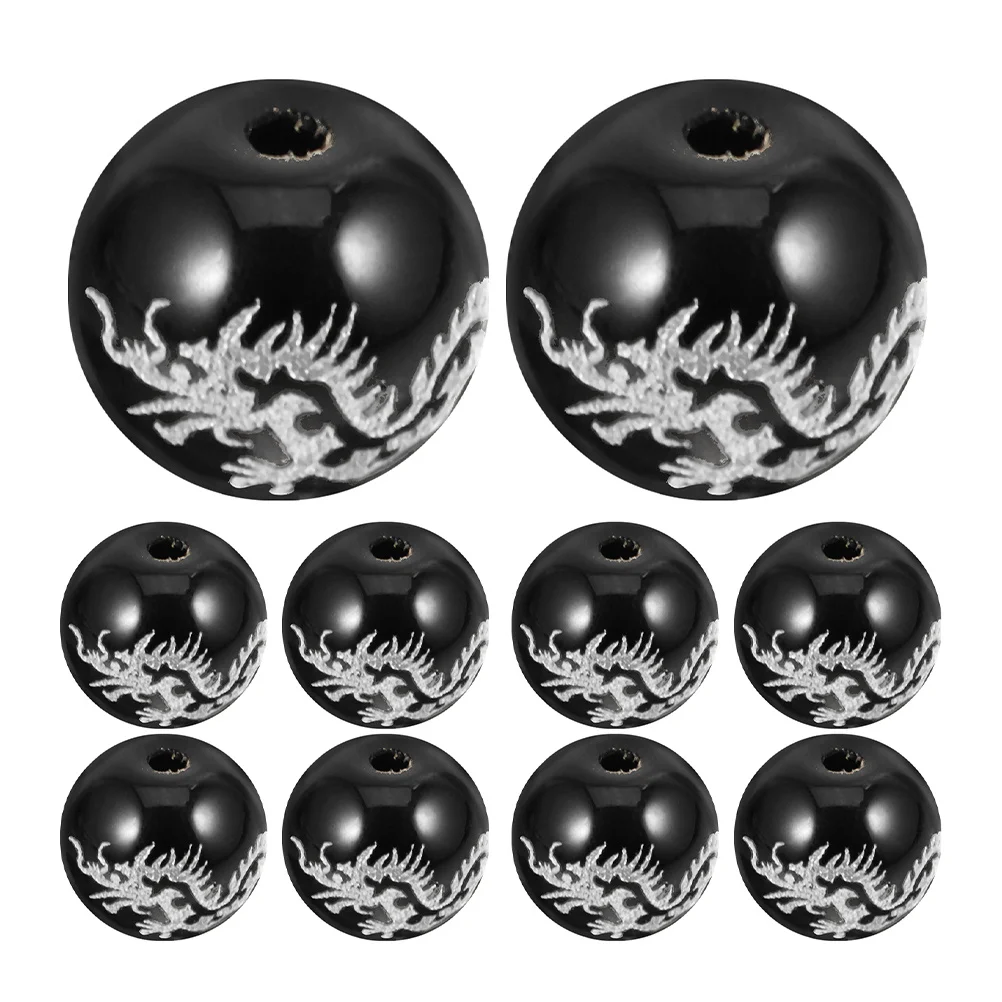 

48Pcs Round Dragon Pattern Agate Beads Silver Engraved Carved Beads for Jewelry Making DIY Bracelets Necklaces Natural Stone