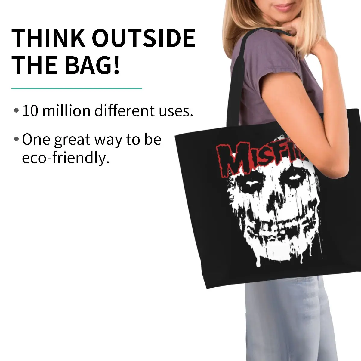 Funny Printing Misfits Rock Punk Shopping Tote Bags Portable Canvas Shoulder Shopper Skull Handbag