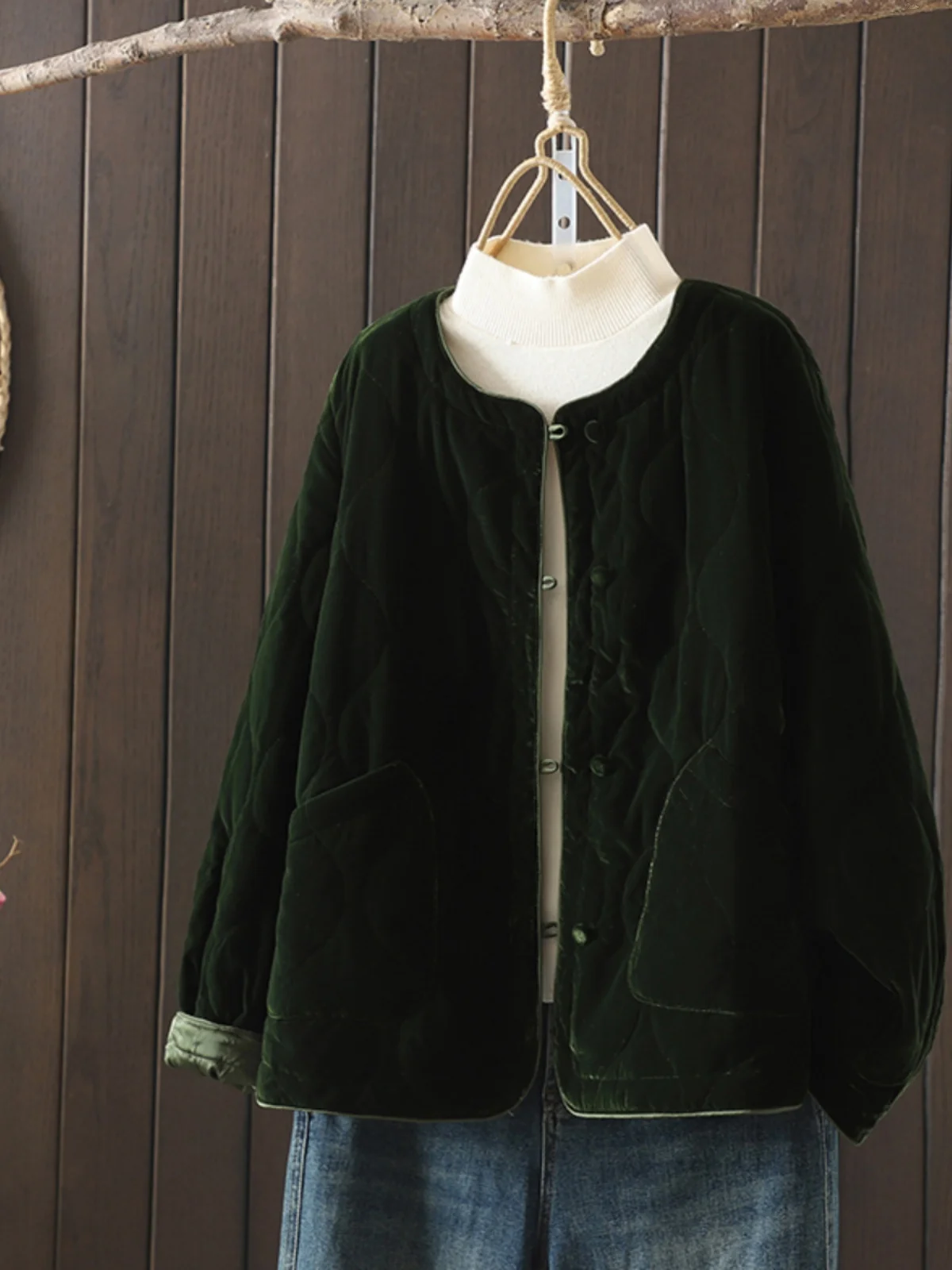 

Retro Chinese Sle Velvet Cotton Jaet Women's Thiened Warm Coat Button Closure Traditional Collar Long Sve round Ne