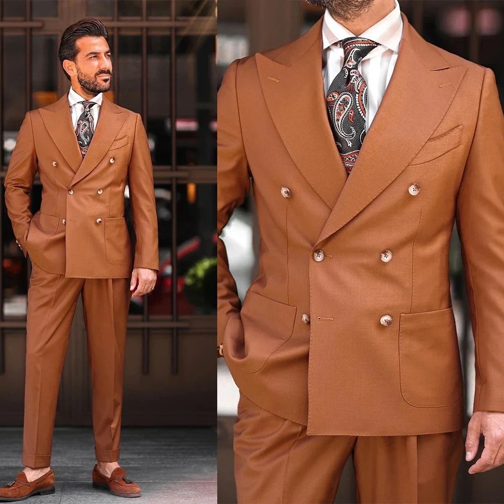 Trajes de boda marrones para hombre guapo, abrigo y pantalón de 2 piezas, chaqueta delgada para novio, traje de esmoquin para novio hecho a medida para fiesta para hombre