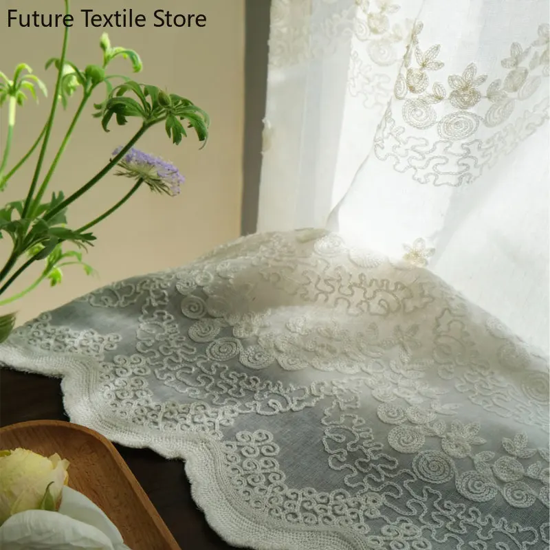 

Customized soft embroidery small flower screen curtains Korean window screen cotton linen light-transmitting living room window