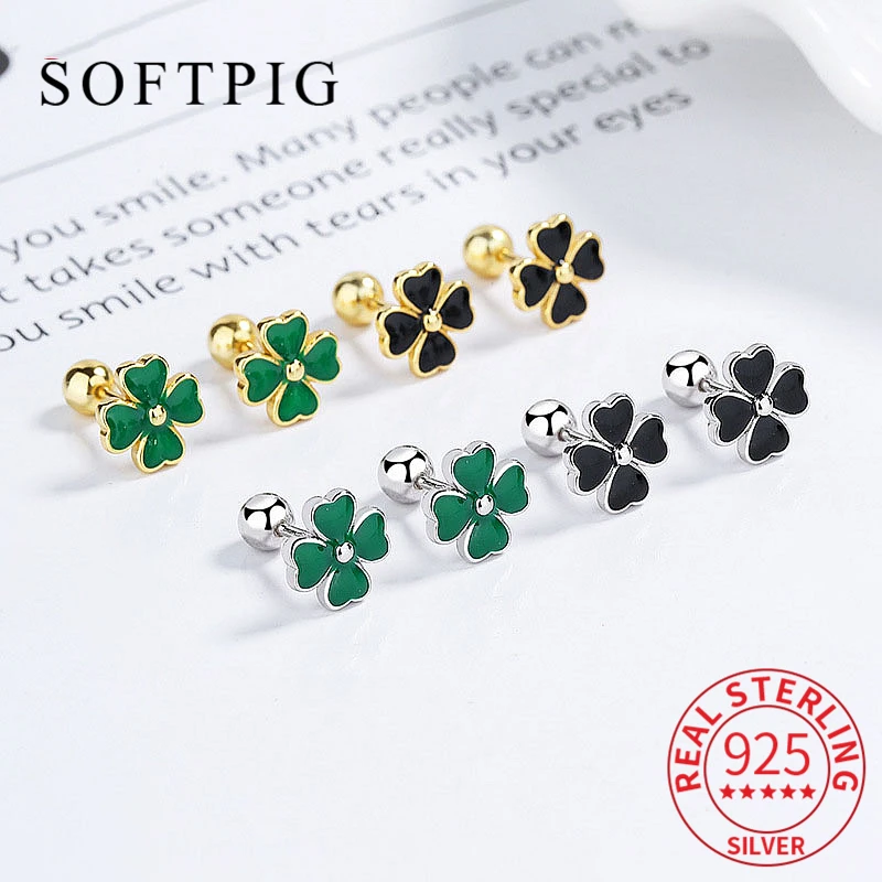 

SOFTPIG Real 925 Sterling Silver Clover Piercing Screw Ball Thread Bead Stud Earrings for Women Cute Plant Fine Jewelry