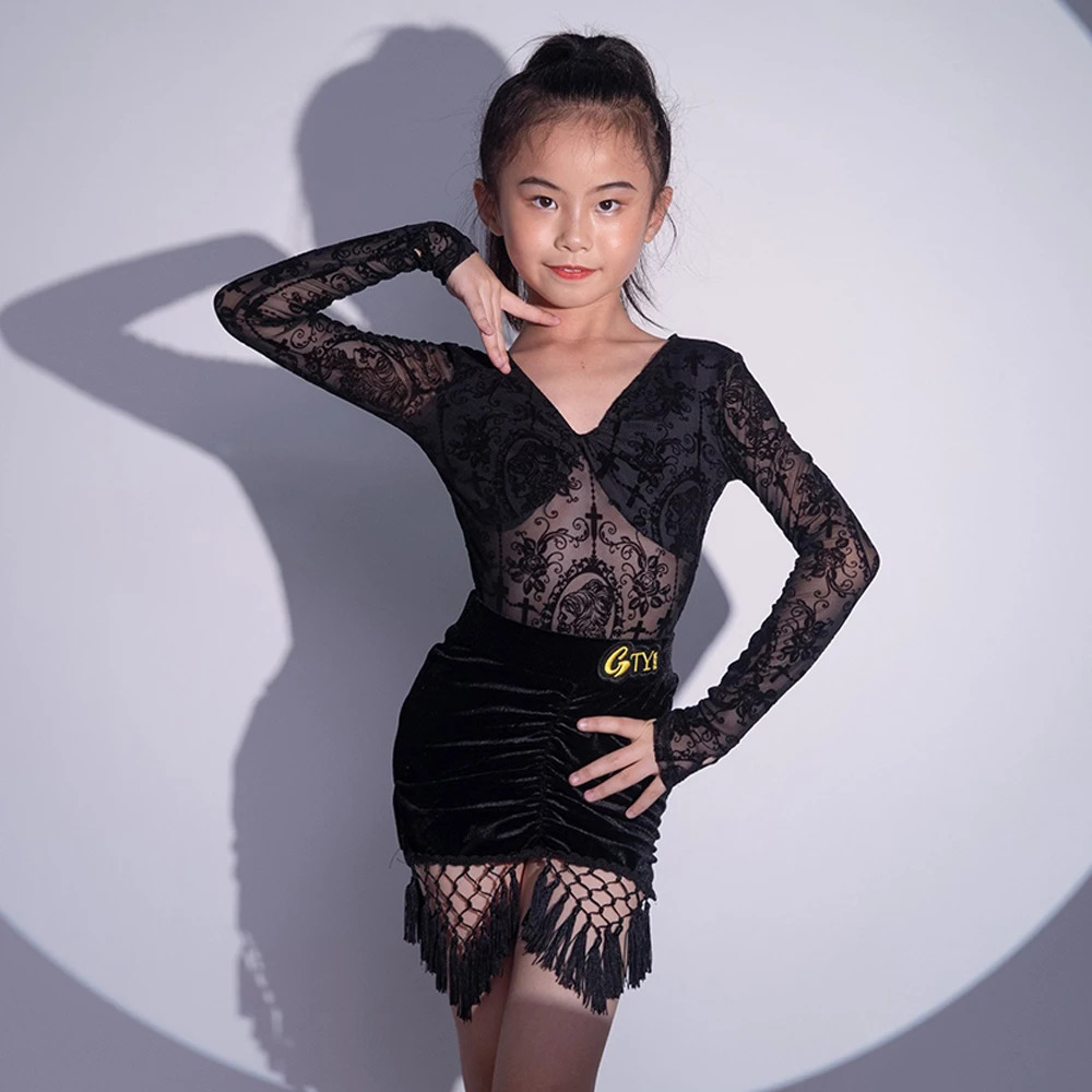 Girls Black Lace Latin Dance Costume Long Sleeves Fringe Dress Kids Professional Latin Dance Performance Clothes Suit DNV23712