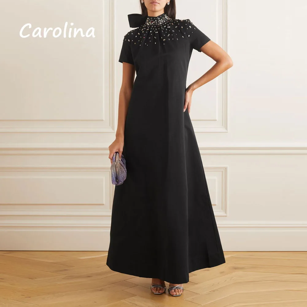 Carolina A-Line Evening Dress High Neck With Short Sleeves Crystal For Ankle Length Formal Occasion Saudi Arabia فساتين سهرة