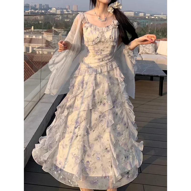 CyEvening حفلة Vestidos أنثى قطعة واحدة فستان موضة فرنسية خمر مطبوعة الجنية الكشكشة فساتين متوسطة الطول النساء الخريف جديد ألف لين #5