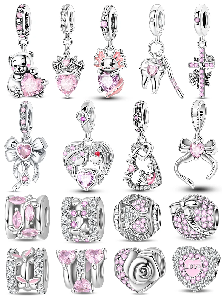 Breloques roses en argent Sterling 925, perles papillon, bouteille de parfum, couronne en forme de cœur, breloques en Zircon pour femmes, bijoux fins à faire soi-même, cadeaux