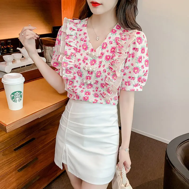 2023 New Summer Temperament Ruffles V-neck Puff Sleeve Blouse Femme Korean Printing Shirts Women Clothes Sweet Pullover Top Tee